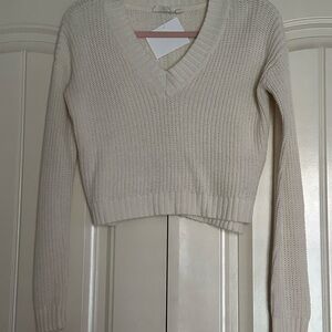 Cream Woven Knit Cropped V-Neck Sweater